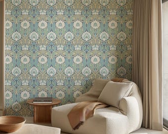 Modern Victorian Style Wallpaper | Green William Morris Removable Self Adhesive Floral Ornament, Peel and Stick or Traditional Wallcovering
