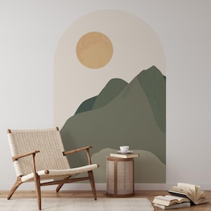 Sage Sun Mountains Arch Wall Decal | Peel and Stick Green Modern Arch Wall Sticker | Removable Self Adhesive Wall Art | Headboard Sticker