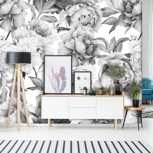 Gray Peonies Peel and Stick Wallpaper Removable Watercolor Floral Mural ...