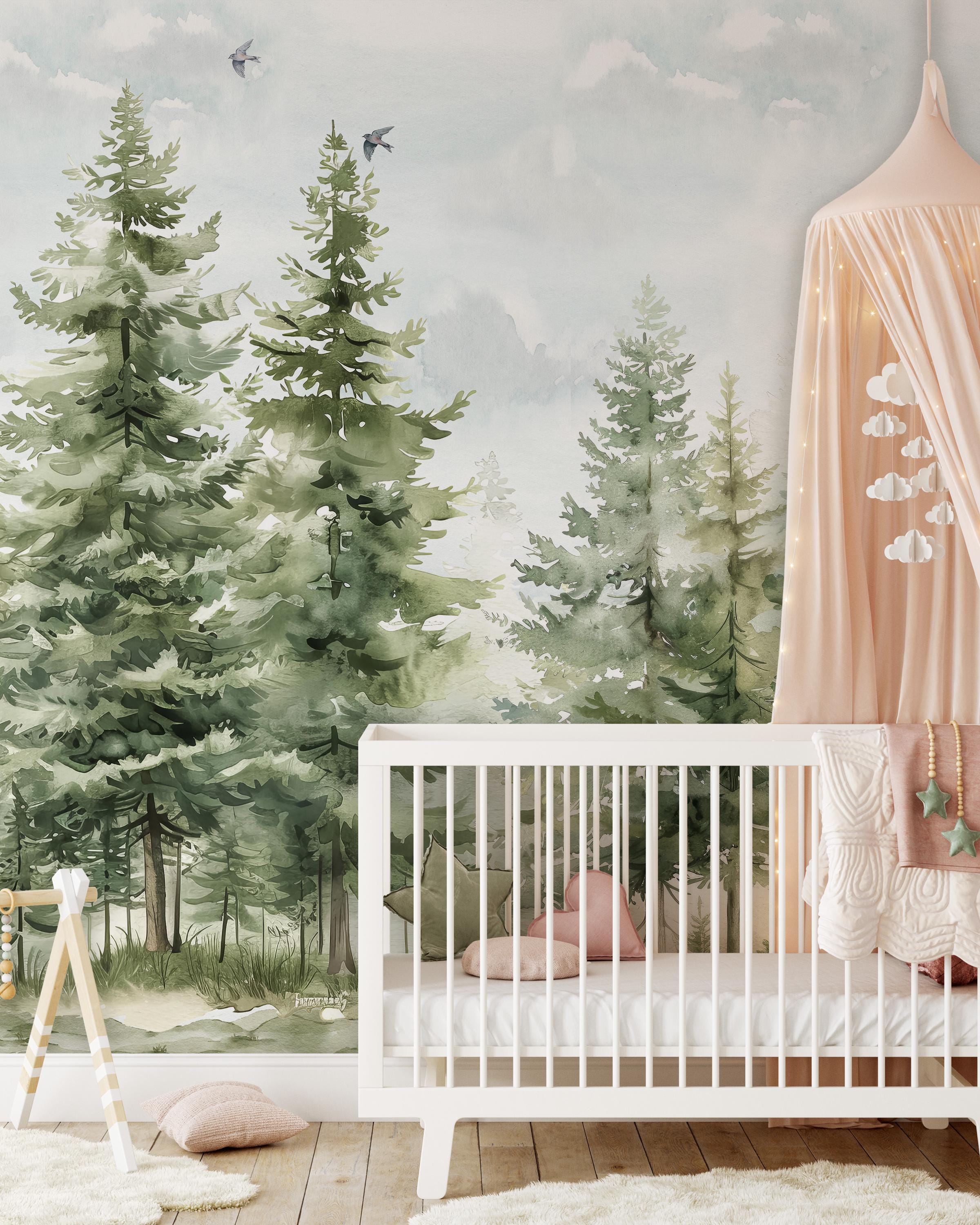 Pine Tree Forest Wallpaper Mural | Green Landscape With Birds and ...