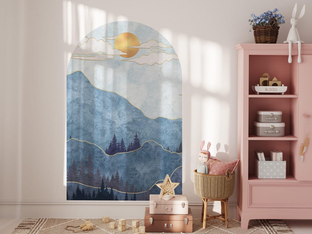 Mountans With Sun Arch Wall Decal | Peel and Stick Blue Modern Arch ...
