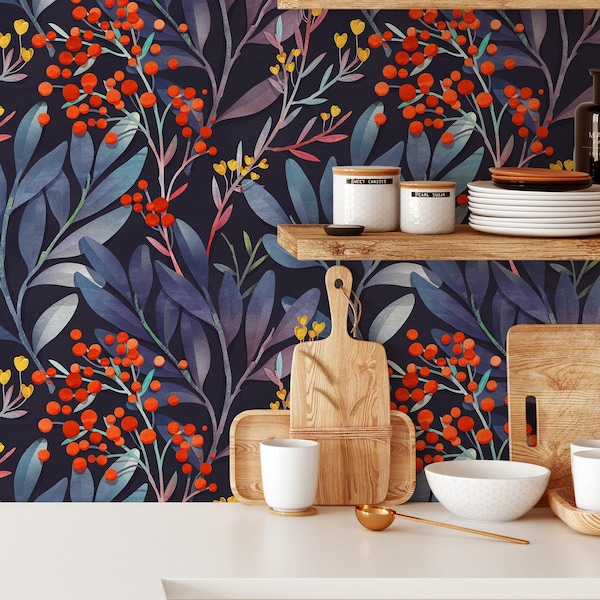 Donker botanische bladerenbehang | Verwijderbaar bloemen Peel-and-Stick-behang | Levendig zelfklevend of voorgelijmd behang | Milieuvriendelijk