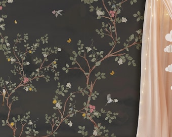 Tapeta Moody Сchinoiserie Floral, Ciemne gałęzie nocy, Neutralna, Zdejmowana, Samoprzylepna lub Tradycyjna, Botaniczna Dekoracja Ścienna
