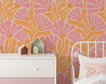 Cute Retro Flowers Wallpaper | Removable Trendy Pink Floral Peel and Stick Wallpaper | Vintage Self Adhesive or Pre-Pasted Wallpaper | Eco