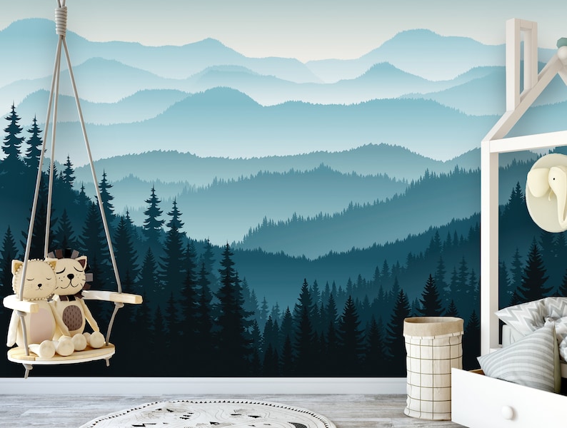 3D Mountain Peel and Stick Wallpaper Removable Self Adhesive Blue Mountain Mural Ombre Pine Forest Trees Wall Decor Eco Friendly image 1