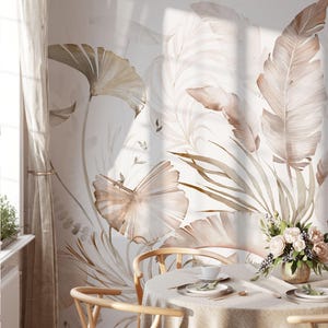 Beige Tropical Wallpaper | Removable Self Adhesive Watercolor Mural | Tropical Peel and Stick Wall Decor | Palm Leaves Home Art