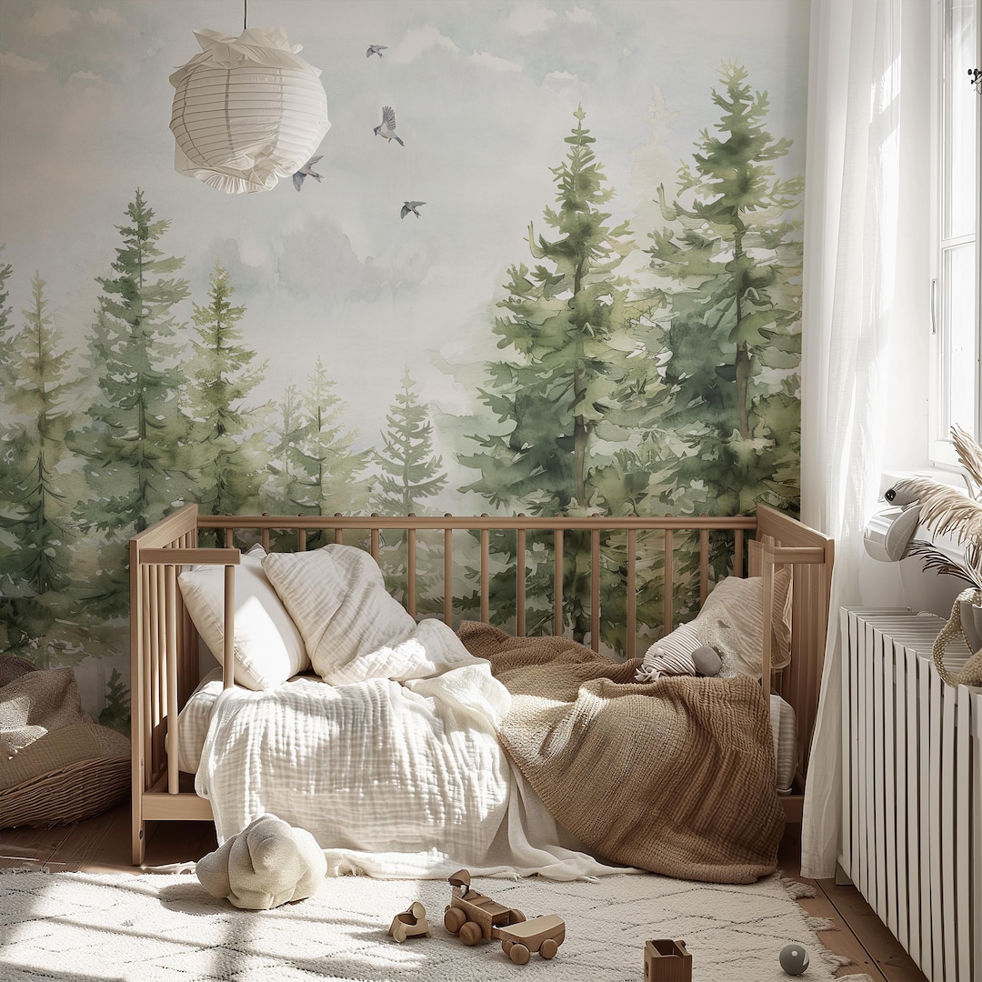 Pine Tree Forest Wallpaper Mural | Green Landscape With Birds and ...