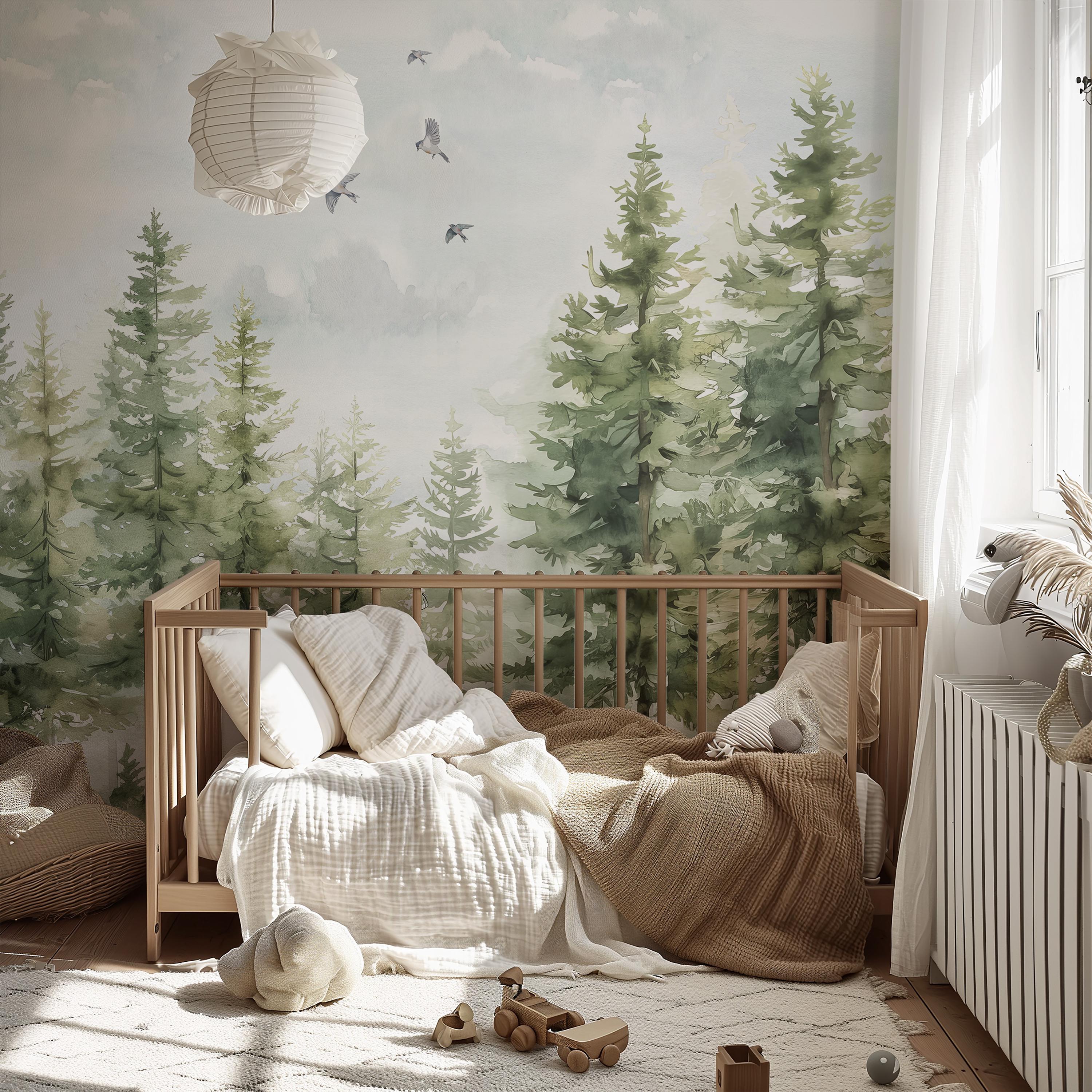 Pine Tree Forest Wallpaper Mural | Green Landscape With Birds and ...