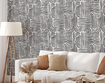 Aesthetic Modern Peel and Stick Wallpaper | Removable Self Adhesive Geometric Black and White Wallpaper | Mid Century Boho Lines Wallpaper