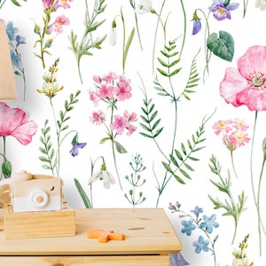Verwijderbaar Peel &#39;n Stick-behang, zelfklevende muurmuurschildering, aquarel roze bloemenpatroon, decor kinderkamer • Behang delicate bloemen