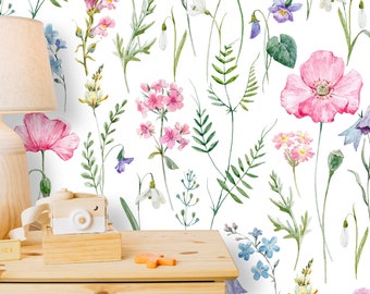 Removable Peel 'n Stick Wallpaper, Self-Adhesive Wall Mural, Watercolor Pink Floral Pattern, Nursery Room Decor • Delicate Flowers Wallpaper
