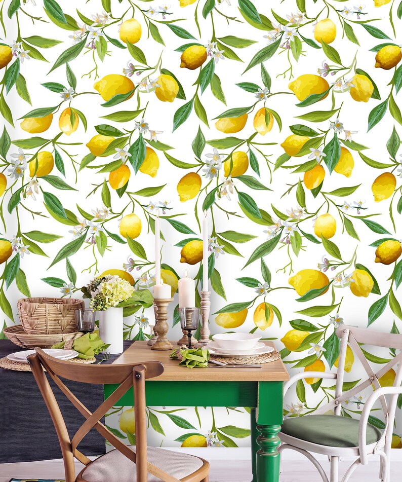 Lemon Wallpaper Removable Wallpaper Peel and Stick Floral Wallpaper Pattern Tropical Wallpaper
