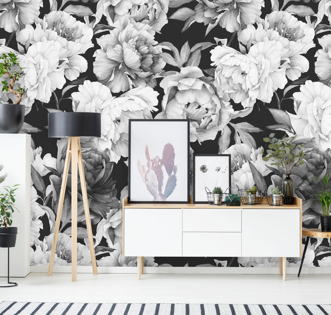 Black and White Peonies Peel and Stick Wallpaper Removable - Etsy