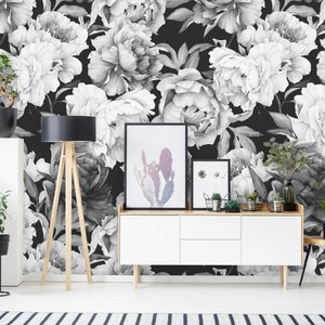 Black and White Peonies Peel and Stick Wallpaper Removable Watercolor ...