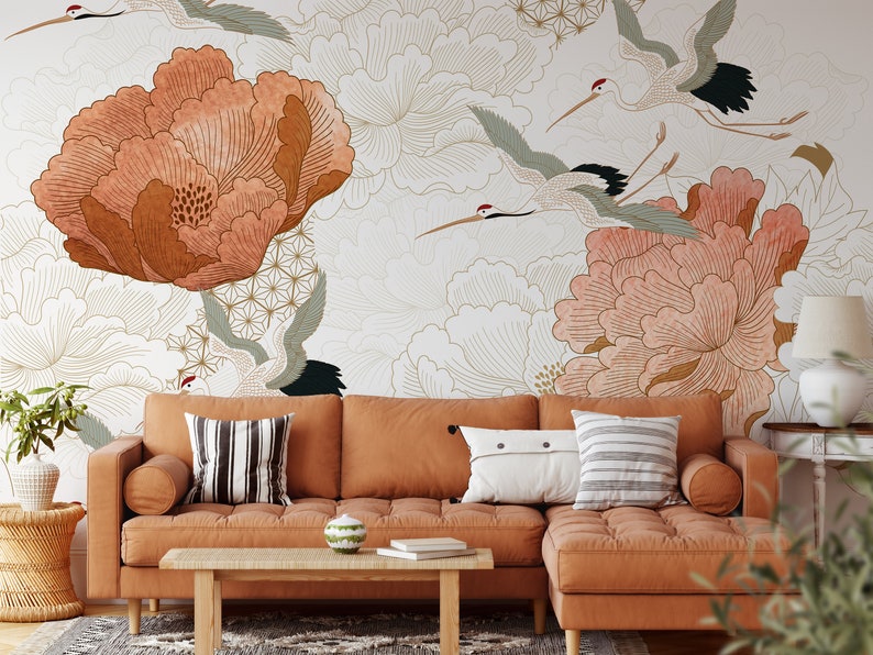 Japanese Crane Wallpaper Removable Self Adhesive Floral Etsy
