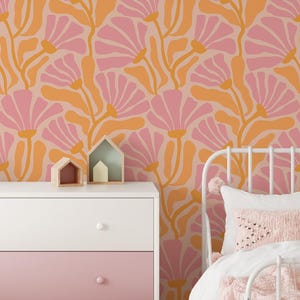 Cute Retro Flowers Wallpaper | Removable Trendy Pink Floral Peel and Stick Wallpaper | Vintage Self Adhesive or Pre-Pasted Wallpaper | Eco
