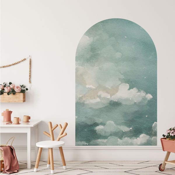 Blue Clouds Arch Wall Decal | Peel and Stick Modern Sky Arch Wall Sticker | Removable Self Adhesive Wall Art for Bed Crib | Headboard Decal