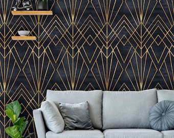Art Deco Peel and Stick Wallpaper | Removable Geometric Black and Gold Mural | Self Adhesive or Pre-Pasted Home Decor | Eco Friendly