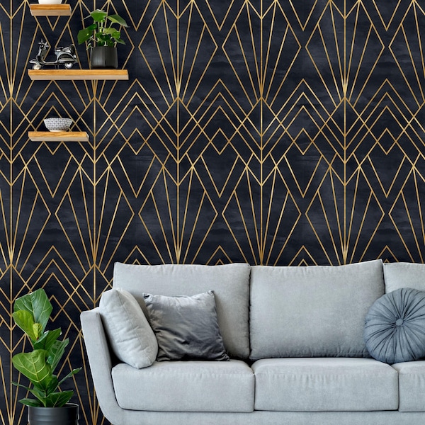 Art Deco Peel and Stick Wallpaper | Removable Geometric Black and Gold Mural | Self Adhesive or Pre-Pasted Home Decor | Eco Friendly