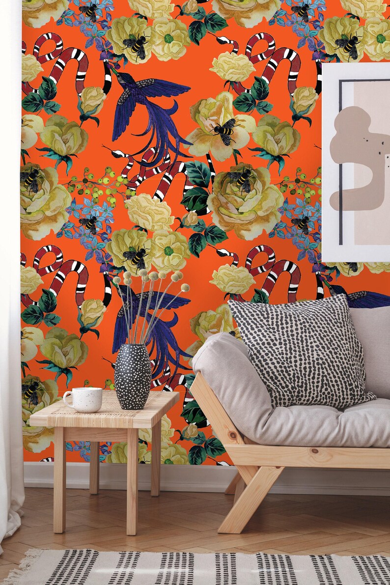 Removable Wallpaper | Peel and Stick Watercolor Wallpaper | Self Adhesive Floral Wallpaper | Bird Wallpaper image 3