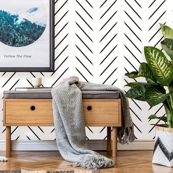 Modern Herringbone Peel and Stick Wallpaper | Removable Self Adhesive Scandinavian Black&White Mural | Chevron Boho Lines Wall Decor