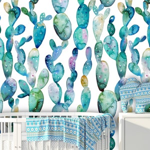 Removable Peel &#39;n Stick Wallpaper, Self-Adhesive Accent Wall Mural, Tropical Pattern, Nursery, Room Decor • Exotic Watercolor Cactus