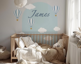 Sky Blue Arch Wall Decal with Clouds and Hot Air Balloons Stickers - Nursery Peel and Stick Wall Art for Bed Crib, Headboard Decal