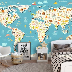 Papier peint amovible, décoration murale auto-adhésive, décoration de chambre d'enfant • Carte du monde des animaux, océans et continents