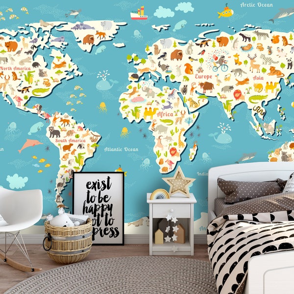 Removable Peel 'n Stick Wallpaper, Self-Adhesive Accent Wall Mural, Nursery, Kids Room Decor • Animals World Map Oceans and Continents