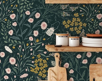 Mustard Flowers and Beetles Wallpaper | Removable Self Adhesive Botanical Mural | Peel and Stick or Pre-Pasted Wall Decor | Eco Friendly
