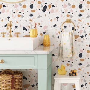 Moderne Terrazzo Peel n Stick Tapete | Abnehmbare bunte Tapete | Neutrale minimalistische abstrakte Tapete | Umweltfreundlich