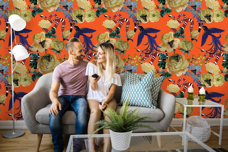 Removable Wallpaper | Peel and Stick Watercolor Wallpaper | Self Adhesive Floral Wallpaper | Bird Wallpaper image 2