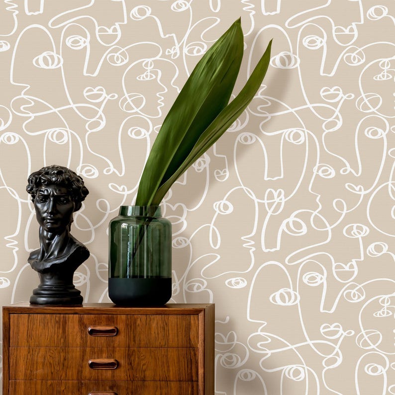 Abstract Faces Peel and Stick Wallpaper | Minimalist Lines Removable Mural | Self Adhesive or Pre-Pasted Wallpaper | Eco Friendly image 1