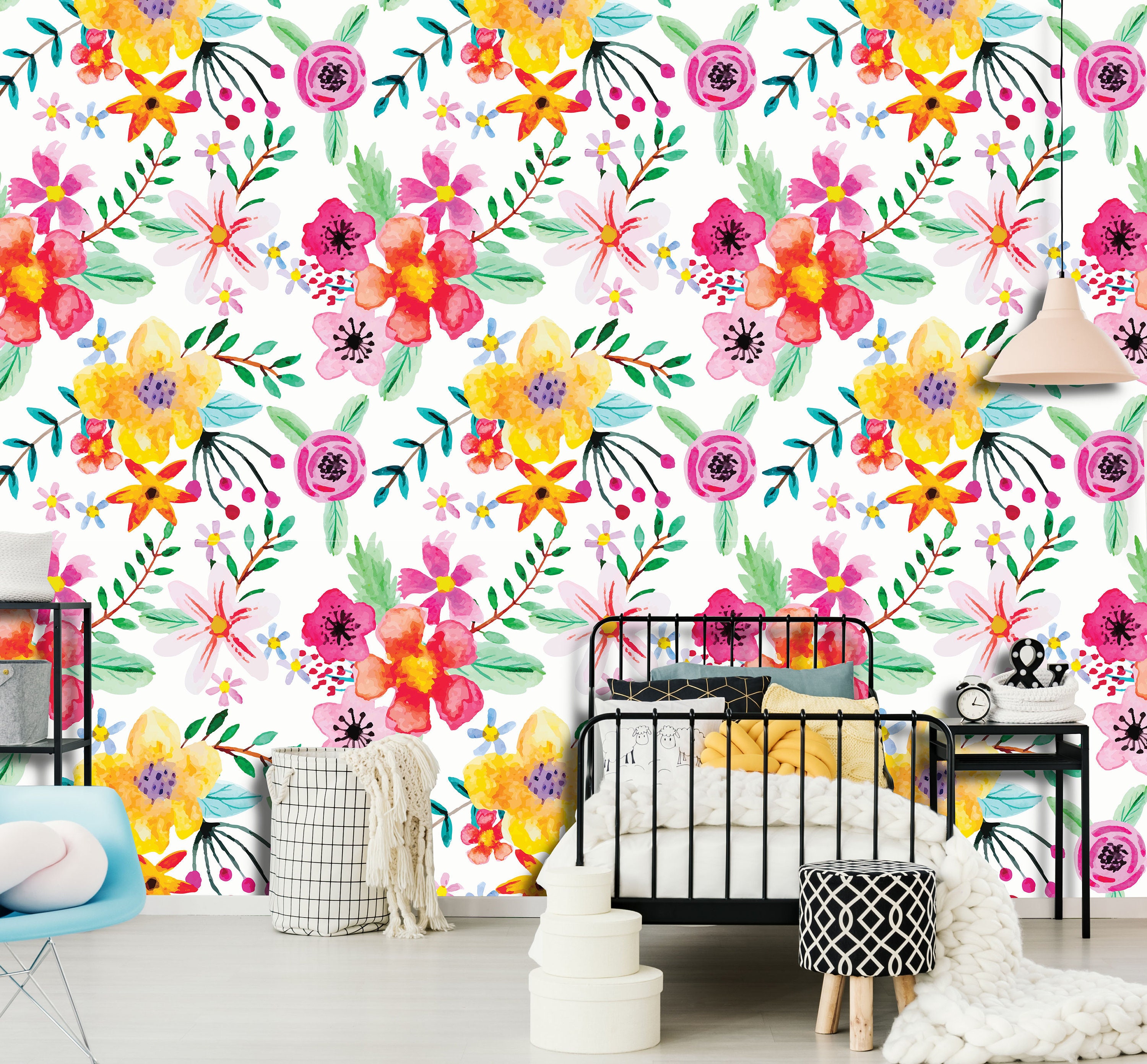 Removable Peel 'n Stick Wallpaper, Self-Adhesive Wall Mural, Watercolor Floral Pattern, Nursery Baby’s Room • Abstract Watercolor Flowers