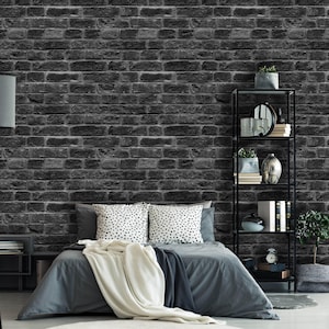 Papel tapiz de ladrillo realista, autoadhesivo y extraíble, con diseño de ladrillo negro y gris, ideal para habitación infantil y decoración de pared.