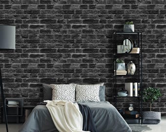 Papel tapiz de ladrillo realista, autoadhesivo y extraíble, con diseño de ladrillo negro y gris, ideal para habitación infantil y decoración de pared.
