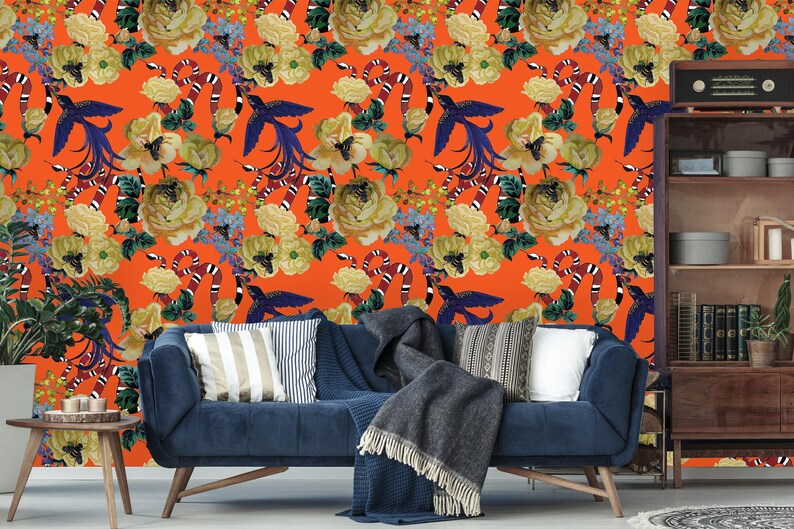 Removable Wallpaper | Peel and Stick Watercolor Wallpaper | Self Adhesive Floral Wallpaper | Bird Wallpaper image 4