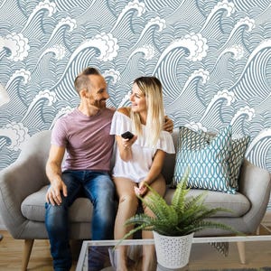 Removable Wallpaper | Peel and Stick Great Wave Wallpaper | Blue Waves Self Adhesive Wall Mural