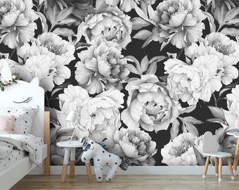 Black and White Peonies Peel and Stick Wallpaper | Removable Watercolor Floral Mural | Self Adhesive or Pre-Pasted Wallpaper | Eco Friendly