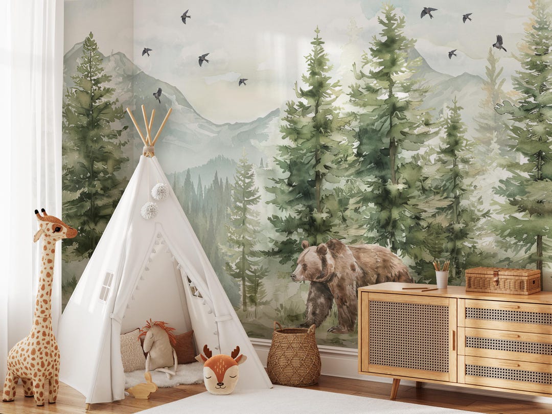 Mountain and Forest With Animals Wallpaper Mural | Green Landscape Pine ...