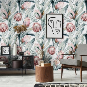 Protea Peel and Stick Wallpaper | Removable Tropical Watercolor Mural | Self Adhesive or Pre-Pasted Wallpaper | Eco Friendly