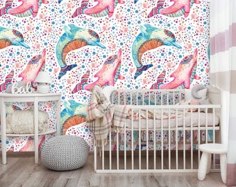 Removable Peel 'n Stick Wallpaper, Self-Adhesive Accent Wall Mural, Watercolor Pattern, Nursery, Kids Room Decor • Lovely Dolphins Bubbles