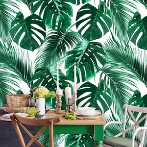 Removable Wallpaper | Peel and Stick Palm Leaves Wallpaper | Self Adhesive Jungle Leaves Wallpaper | Watercolor Wallpaper
