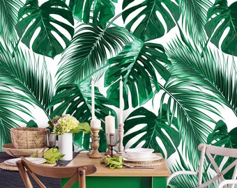 Removable Wallpaper | Peel and Stick Palm Leaves Wallpaper | Self Adhesive Jungle Leaves Wallpaper | Watercolor Wallpaper