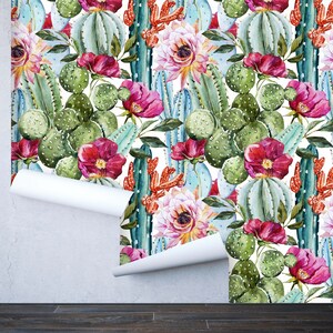 Removable Peel 'n Stick Wallpaper, Self-Adhesive Wall Mural, Watercolor Tropical Pattern, Nursery Decor Tropical Flowers, Roses and Cactus image 3