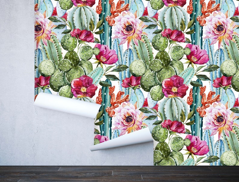 Removable Peel 'n Stick Wallpaper, Self-Adhesive Wall Mural, Watercolor Tropical Pattern, Nursery Decor Tropical Flowers, Roses and Cactus image 3