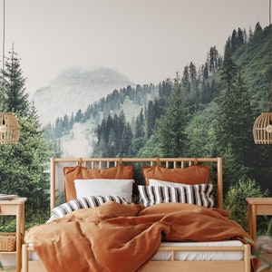 Cloud Forest Mural | Foggy Mountains Peel and Stick Wallpaper | Mountain Landscape Self Adhesive or Pre-Pasted Removable Wallpaper | Eco