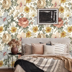 Vintage Rose Removable Wallpaper | Peel and Stick Floral Mural | Self Adhesive Flower Wall Decor | Leaves Wall Art image 1