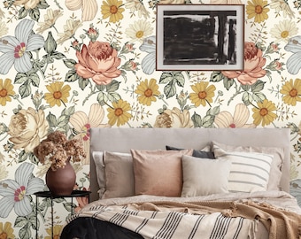 Vintage Rose Removable Wallpaper | Peel and Stick Floral Mural | Self Adhesive Flower Wall Decor | Leaves Wall Art