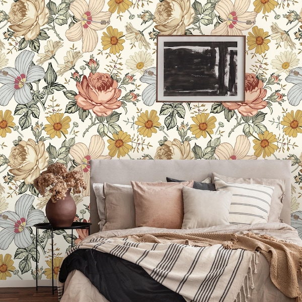 Vintage Rose Removable Wallpaper | Peel and Stick Floral Mural | Self Adhesive Flower Wall Decor | Leaves Wall Art